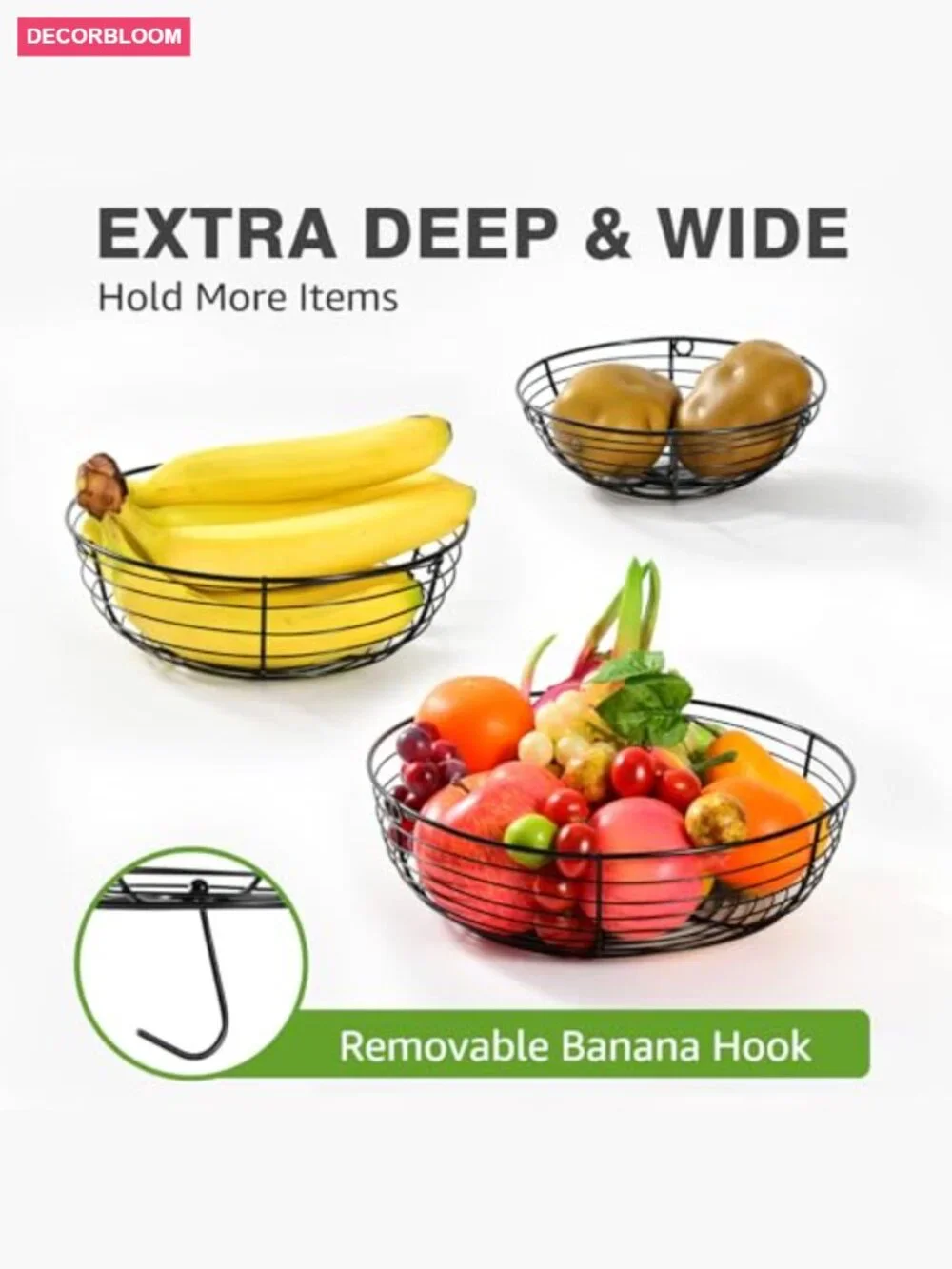 3 Tier Hanging Fruit Basket with Banana Hook, Heavy Duty Wire Kitchen Storage